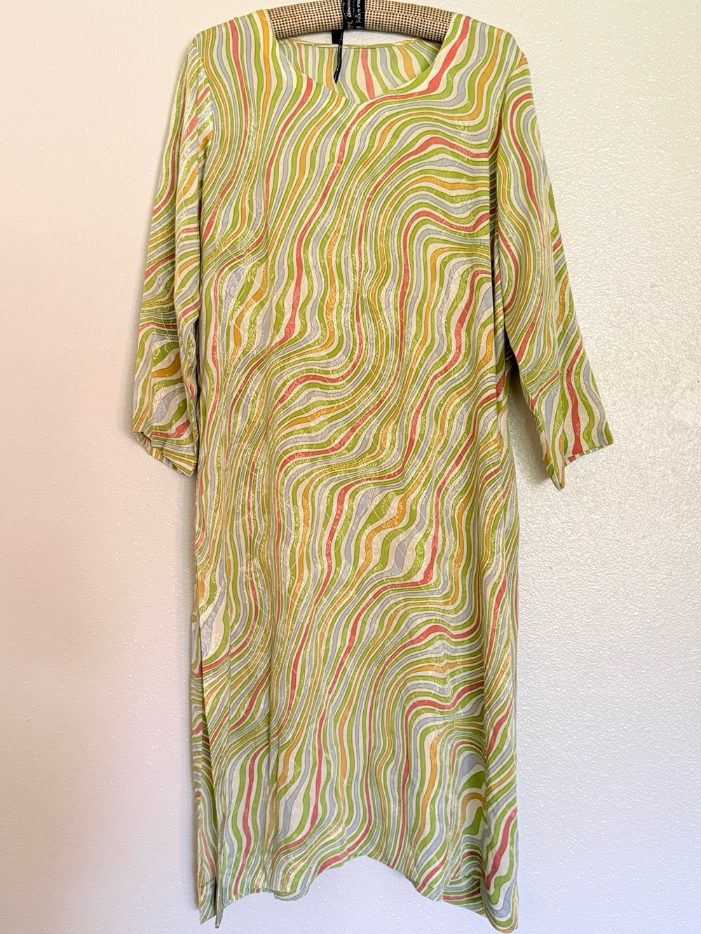 Vintage 1970s Psychedelic Swirl Print Kaftan 100% Silk - Green jaquard